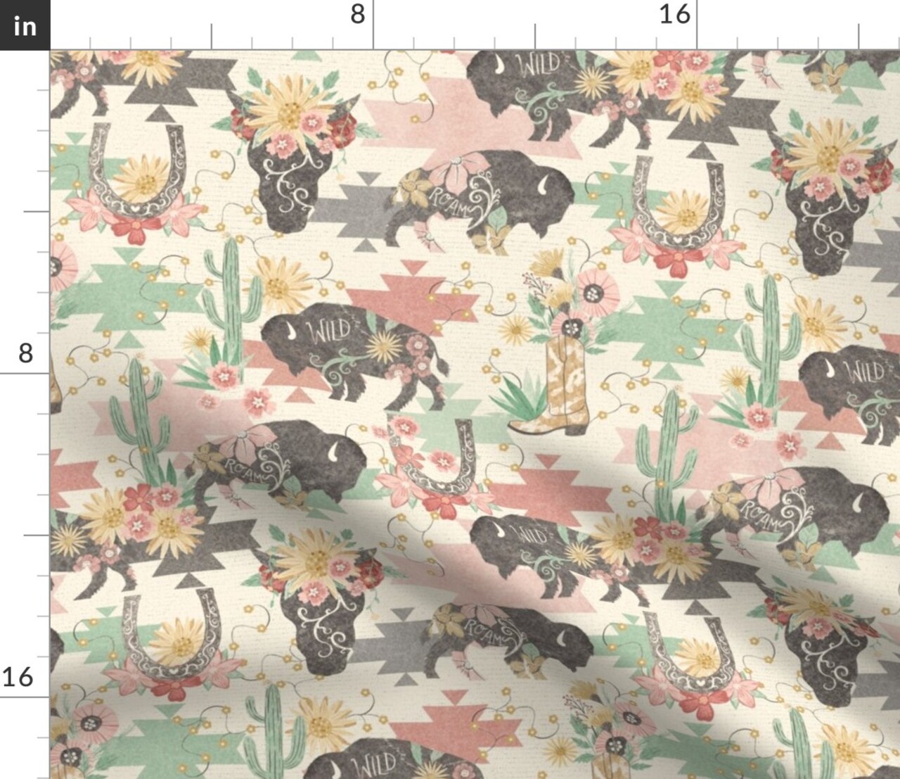 Wild Buffalo Skull Sunflower Western Cowboy Tribal Custom Printed Fabric by Spoonflower Various Fabrics by the Yard or Fat Quarter
